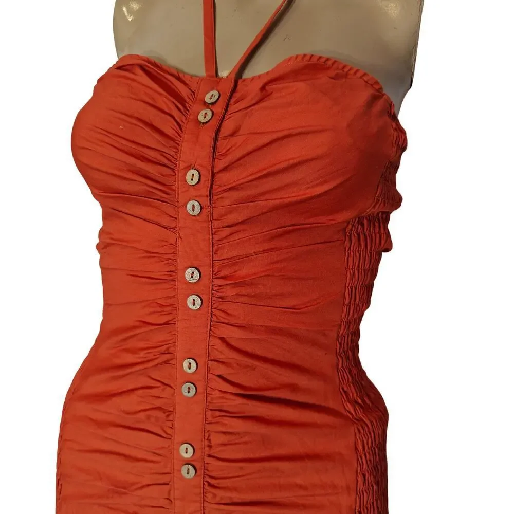 Free People Orange Ruched Halter Mini Dress XS Button Front Boho Sexy